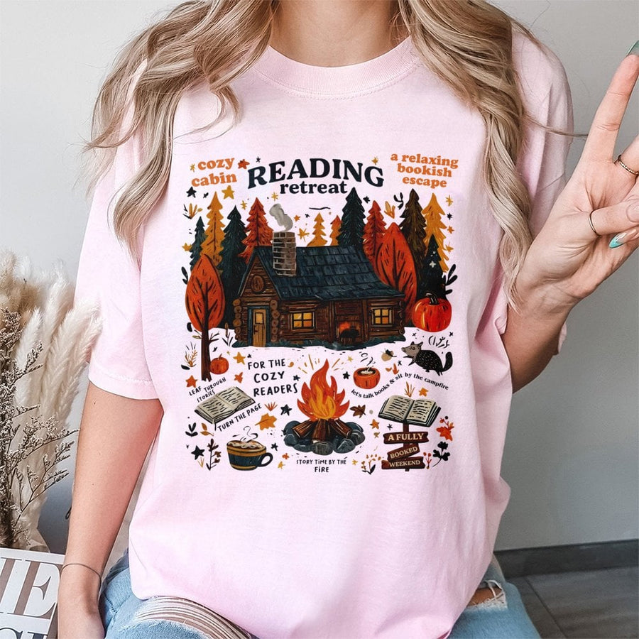Cozy Cabin Reading Retreat T-Shirt | Bookish Fall Aesthetic Graphic | 100% Cotton Premium Tee | Reader Gift For Book Lovers