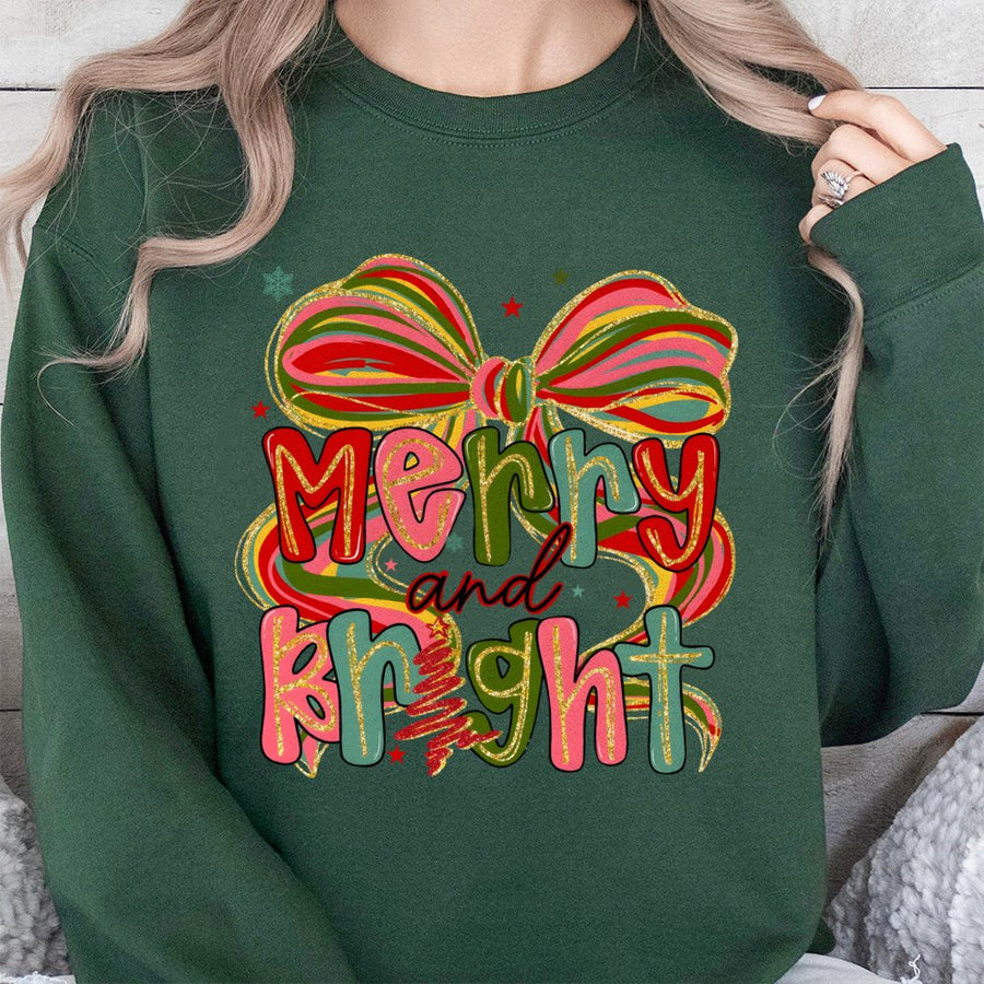 Merry and Bright Sweatshirt | Preppy Coquette Christmas Bow Design | Premium Cotton Blend | Festive Holiday Gift for Women