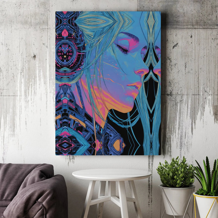 Futuristic Neon Woman Canvas Print | Abstract Cyberpunk Wall Art | Premium Gallery Wrap Decor | Modern Digital Art Gift for Home or Office