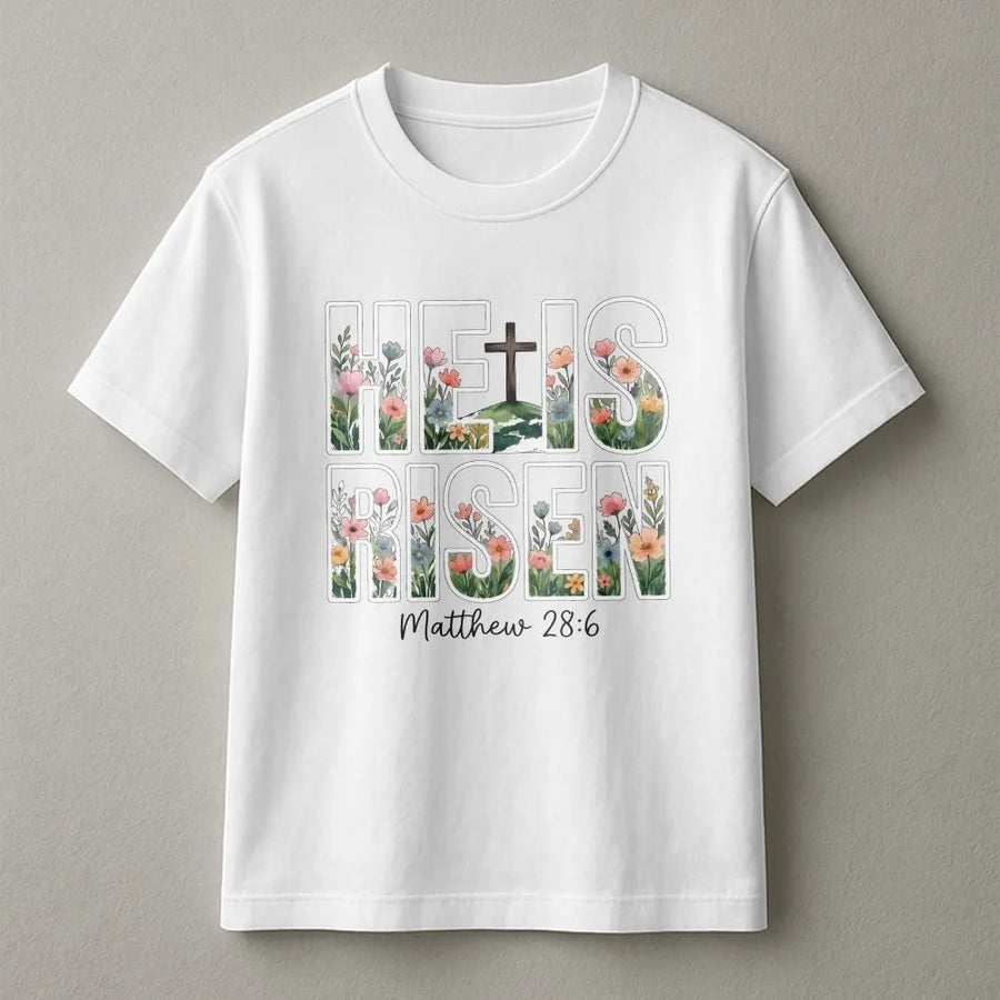 He Is Risen T-Shirt | Floral Cross Graphic with Bible Verse | Soft Cotton Blend Pullover | Christian Easter Gift for Women