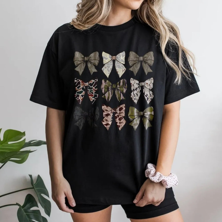 Camo Bow T-Shirt | Trendy Camouflage Ribbon Print | Premium Soft Cotton | Stylish Western Country Gift for Her
