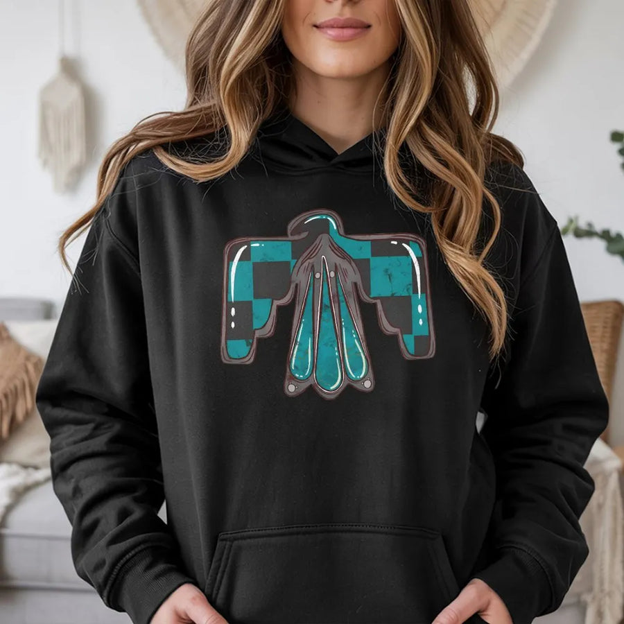 Checkered Thunderbird Hoodie | Western Turquoise Bird Graphic | Premium Cotton Blend | Gift For Cowgirl And Western Style Lovers