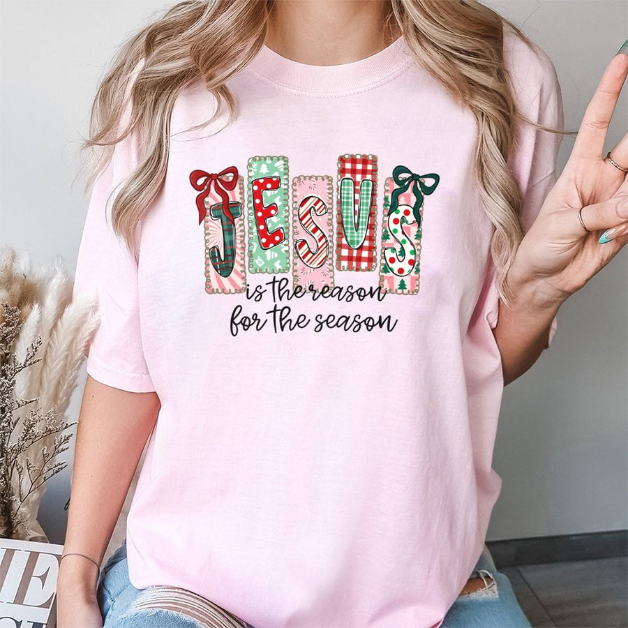 Jesus Is The Reason For The Season T-Shirt | Plaid Christmas Graphic Tee | 100% Cotton Premium Holiday Faith Apparel | Religious Gift For Christian Women