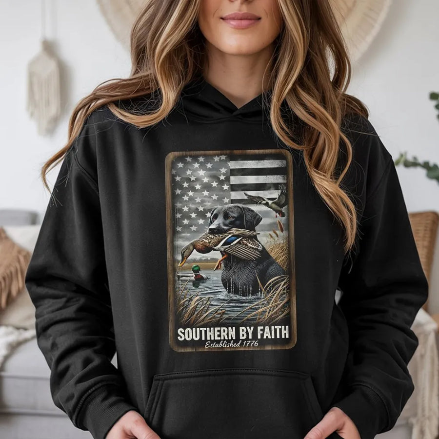 Black Lab Duck Hunting Hoodie | American Flag Patriotic Retriever Design | Premium Cotton Blend | Gift for Hunters and Outdoorsmen