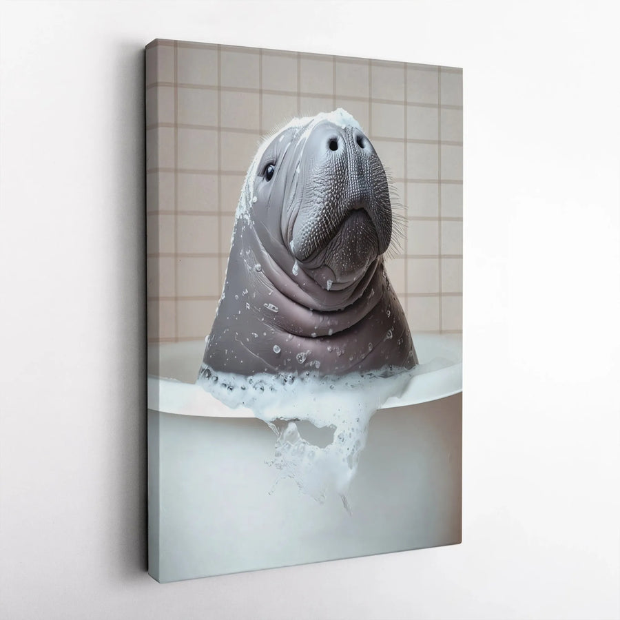 Manatee Bubble Bath Wall Art | Funny Animal Bathroom Decor Print | Premium 1.25" Gallery Wrapped Canvas | Quirky Housewarming Gift for Manatee Lovers