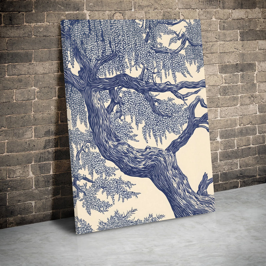 Japanese Wisteria Tree Canvas Wall Art | Blue And Cream Linocut Print | Premium 1.25" Gallery Wrap | Nature-Inspired Home Decor For Living Room