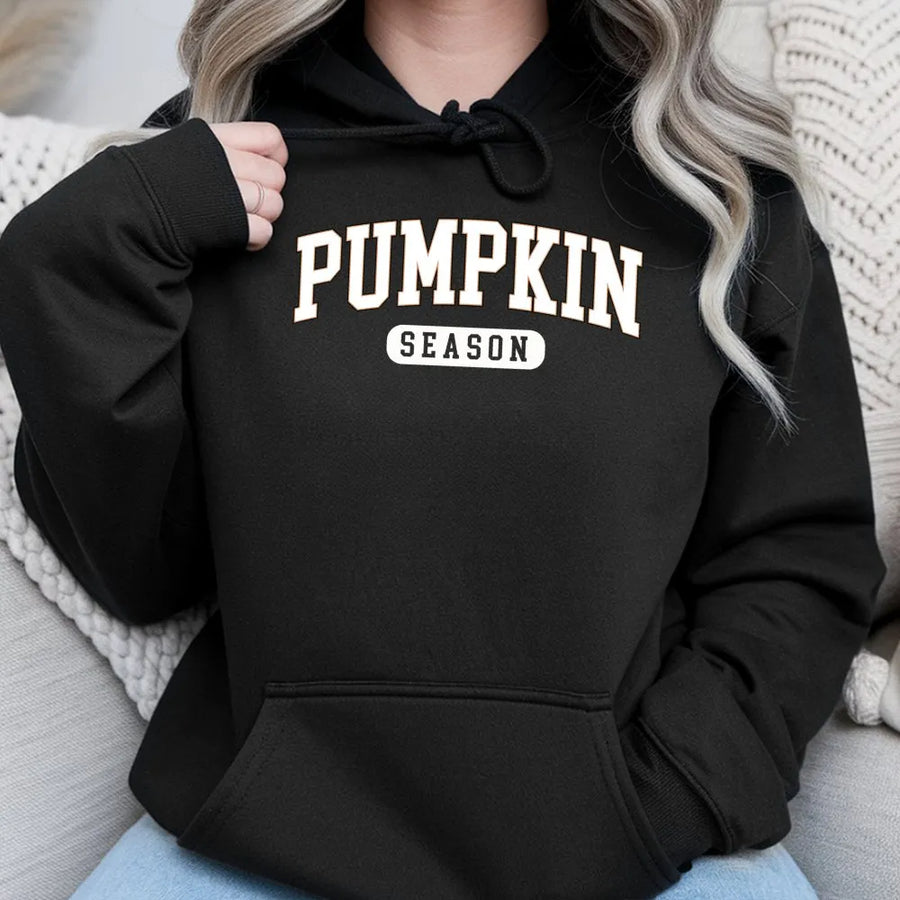 Pumpkin Season Hoodie | Distressed Collegiate Varsity Graphic | Premium Cotton Blend | Cozy Fall Halloween Sweatshirt Gift for Her Him
