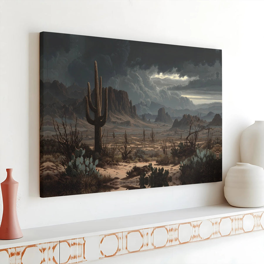 Arizona Desert Landscape Canvas | Stormy Saguaro Cactus Wall Art | Premium 1.25” Gallery Wrap | Moody Western Home Decor Gift