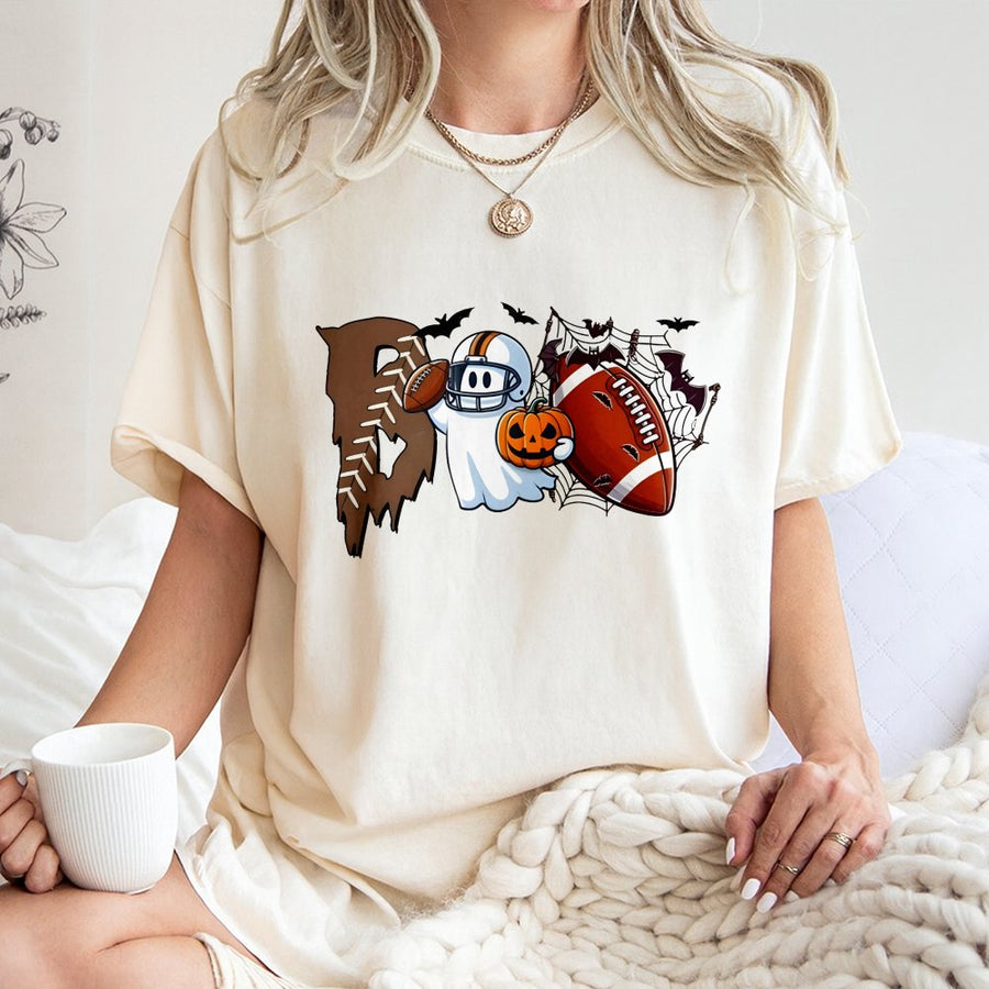 Boo Football Halloween T-Shirt | Cute Ghost Playing Sports Graphic | 100% Cotton Premium Tee | Game Day Gift for Football Moms & Fans