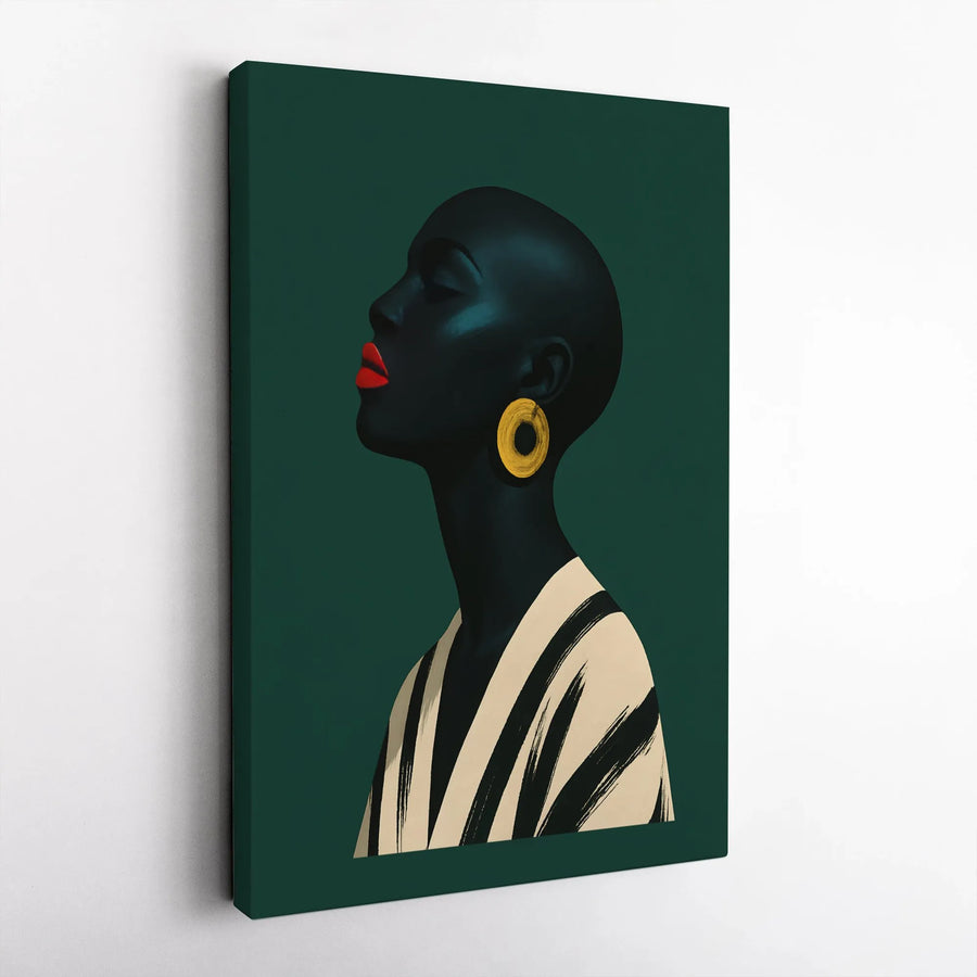 Black Woman Canvas Wall Art | Modern Minimalist Portrait with Gold Earring | Premium Thick Gallery Wrap | African American Art Gift for Living Room