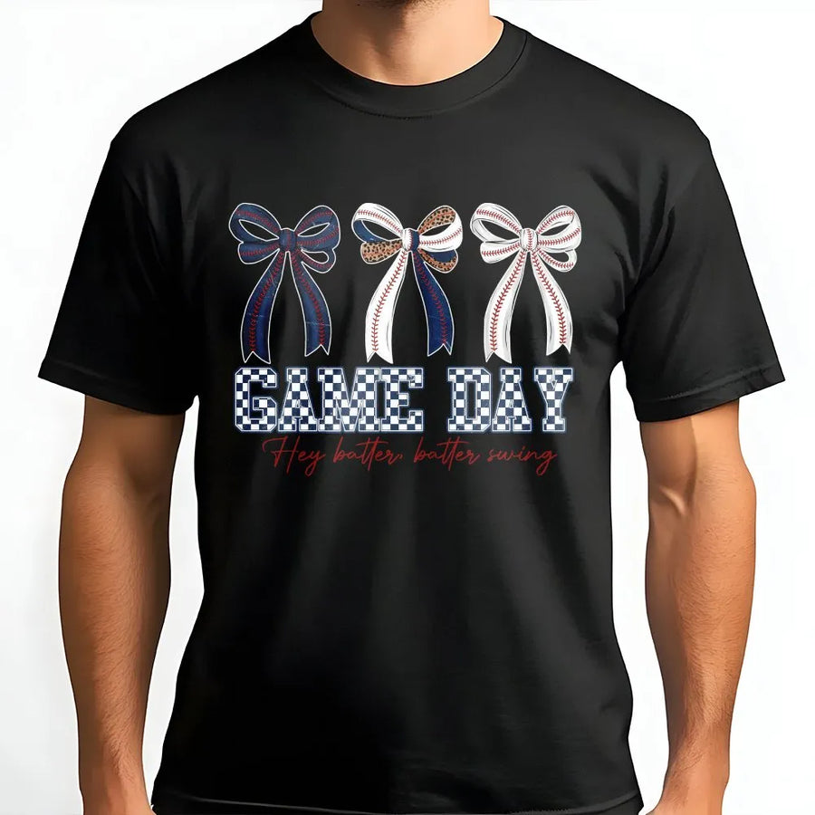 Baseball Game Day T-Shirt | Coquette Bows & Checkered Text | 100% Soft Cotton | Trendy Baseball Mom Gift for Softball Fans