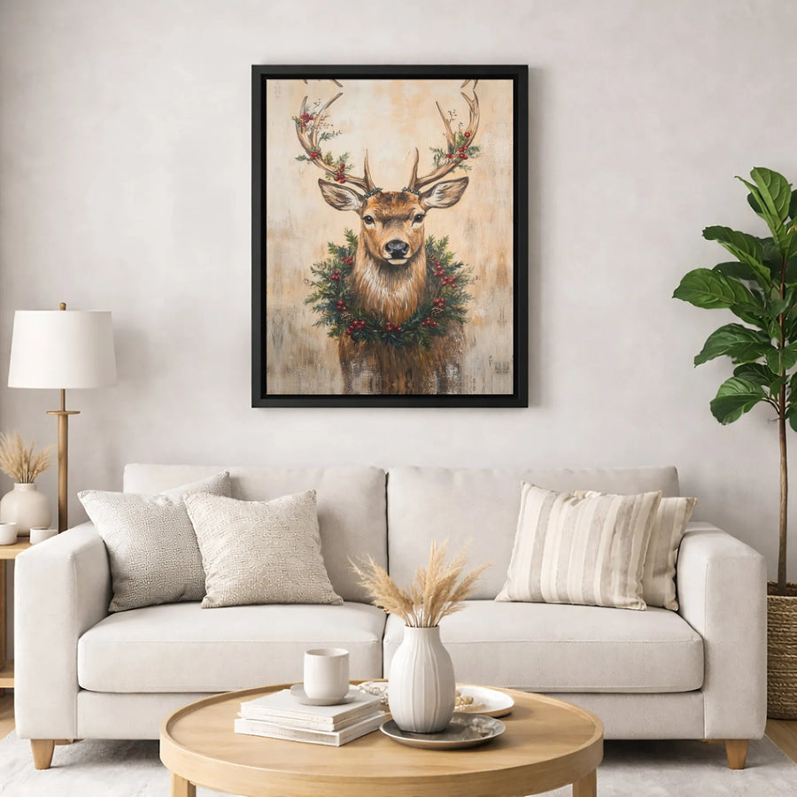 Christmas Reindeer Canvas Wall Art | Festive Deer With Holiday Wreath | Premium Fade-Resistant Gallery Wrap | Farmhouse Winter Home Decor Gift