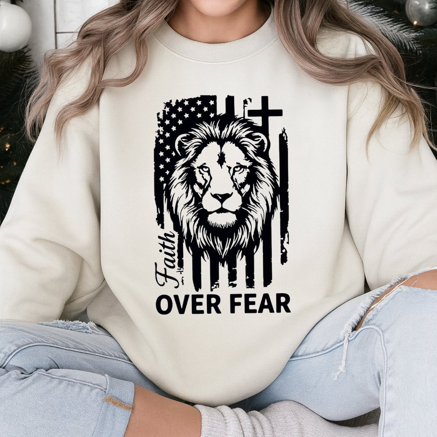Faith Over Fear Sweatshirt | Lion American Flag Cross Graphic | Premium Cotton Blend Crewneck | Christian Gift for Men and Women