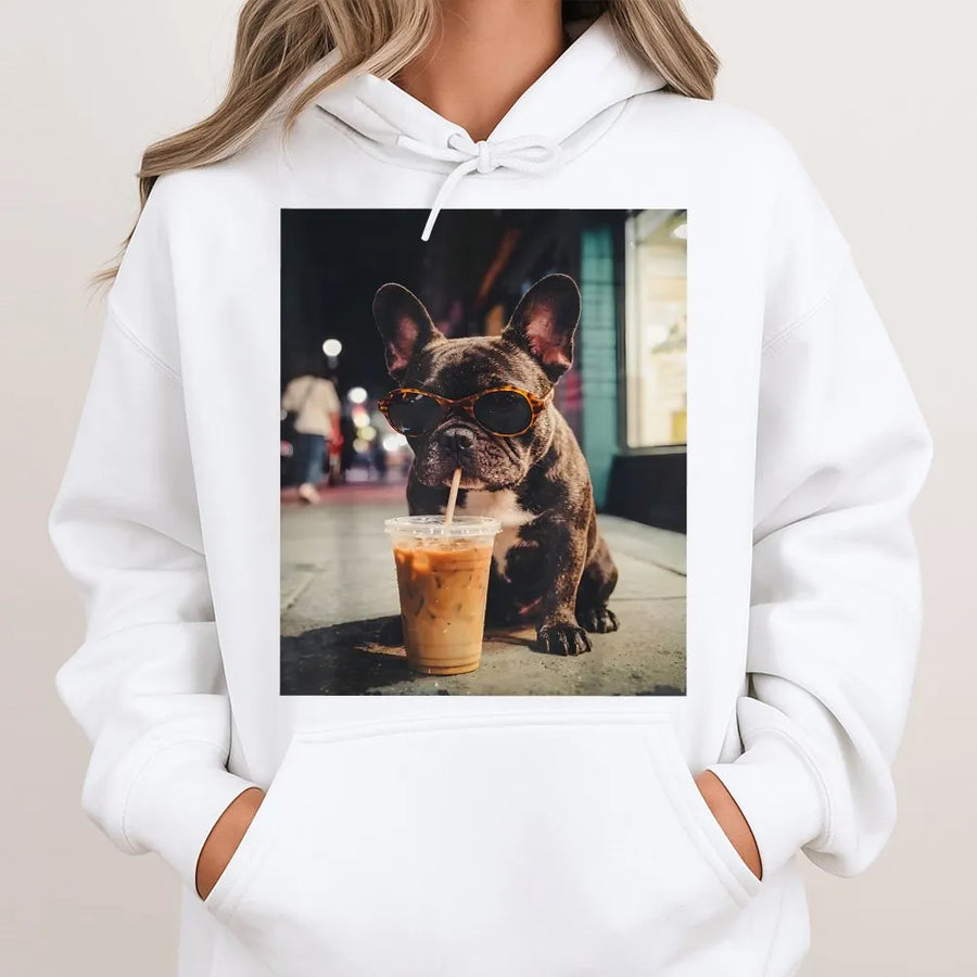 French Bulldog Hoodie | Funny Dog with Iced Coffee Graphic | Premium Cotton Blend Sweatshirt | Gift for Frenchie Mom & Coffee Lover