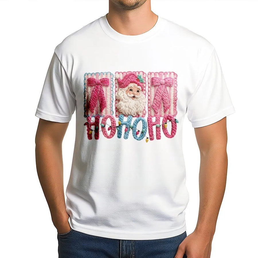 Pink Santa Claus T-Shirt | Faux Yarn Stitched Design | Premium Soft Cotton | Festive Christmas Ho Ho Ho Gift For Women