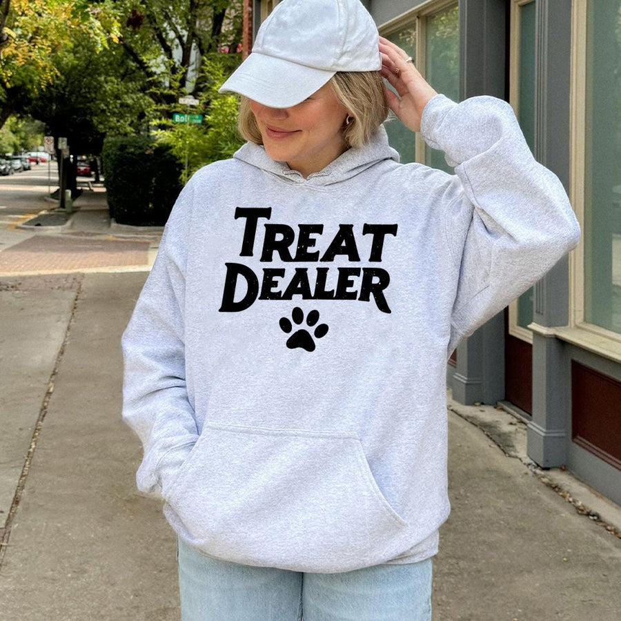 Treat Dealer Hoodie | Funny Dog Lover Graphic Sweatshirt | Premium Cotton-Poly Blend | Cute Gift For Dog Mom And Dad