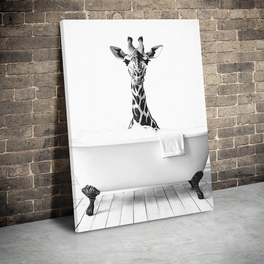 Giraffe in Bathtub Canvas Wall Art | Funny Animal Bathroom Decor | Premium Gallery Wrapped Print | Whimsical Home Decor Gift for Animal Lovers