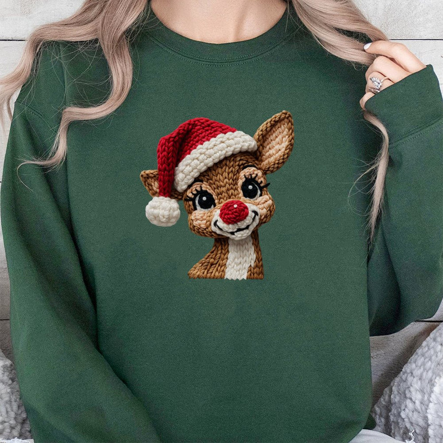 Reindeer Christmas Sweatshirt | Cute Faux Yarn Knit Graphic | Soft Cotton Blend Crewneck | Unisex Holiday Gift For Men And Women