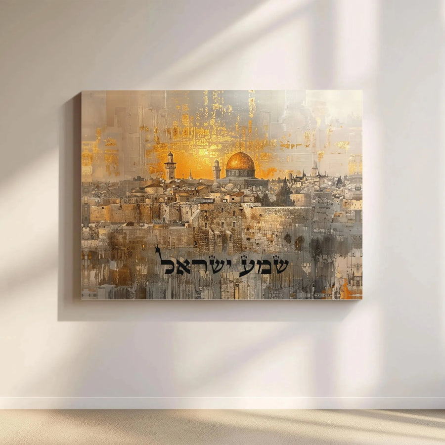 Jerusalem Old City Canvas Wall Art | Golden Dome of the Rock Abstract Print | Premium Gallery Wrap Decor | Shema Yisrael Hebrew Jewish Gift