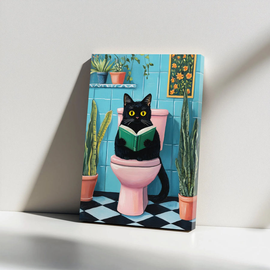 Black Cat Reading On Toilet Canvas | Funny Bathroom Wall Art | Gallery Wrapped Premium Decor | Whimsical Gift For Cat Lovers