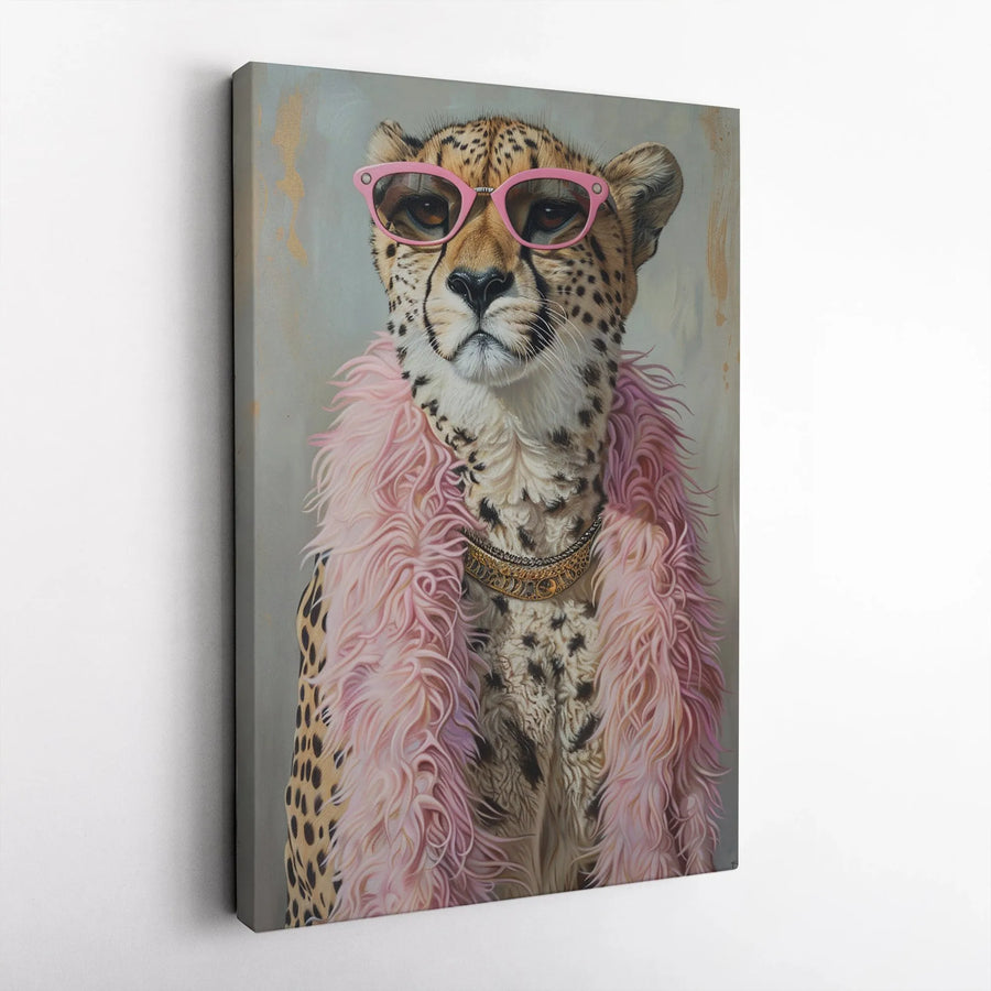 Fashion Cheetah Canvas Wall Art | Pink Sunglasses & Feather Boa Portrait | Premium Gallery Wrapped Print | Gift for Eclectic Home Decor