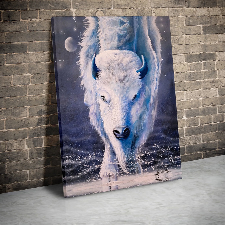 White Buffalo Canvas Art | Mystical Bison Walking in Snow | Premium Gallery Wrap Wall Decor | Wildlife Nature Gift for Home and Office