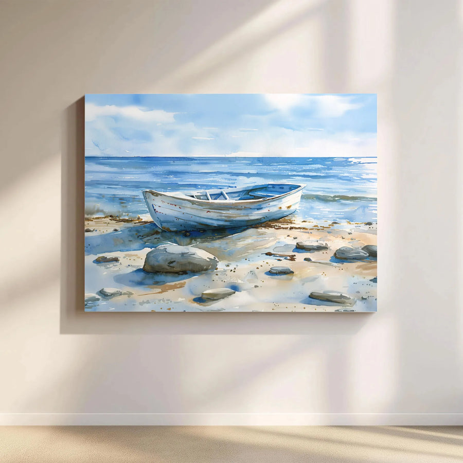 Coastal Rowboat Canvas Wall Art | Serene Watercolor Seascape Print | Premium Gallery-Wrapped 1.25 Inch Profile | Beach House Decor Gift