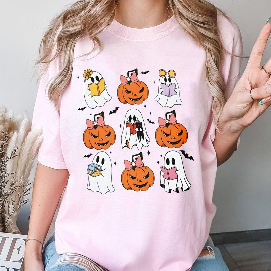 Cute Ghost Pumpkin T-Shirt | Reading Ghosts and Jack-O-Lanterns Graphic | 100% Cotton Premium Tee | Spooky Season Gift for Book Lovers