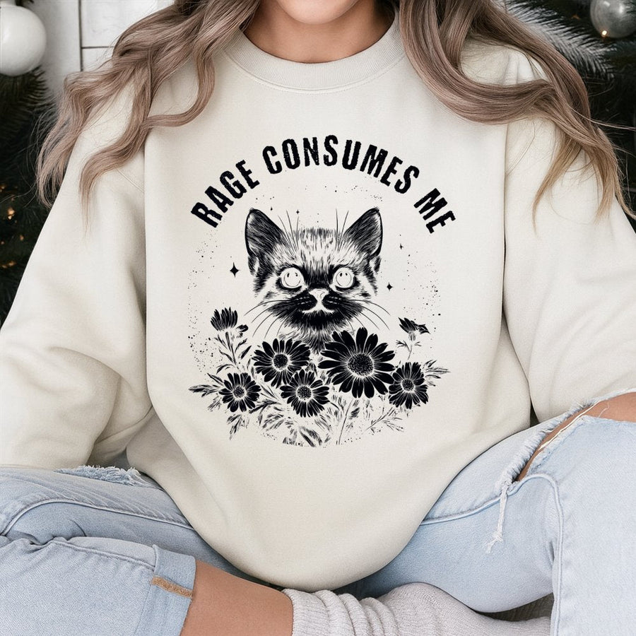 Rage Consumes Me Cat Sweatshirt | Funny Kitten Floral Graphic Print | Premium Cotton Blend Crewneck | Gift for Cat Lovers & Meme Fans
