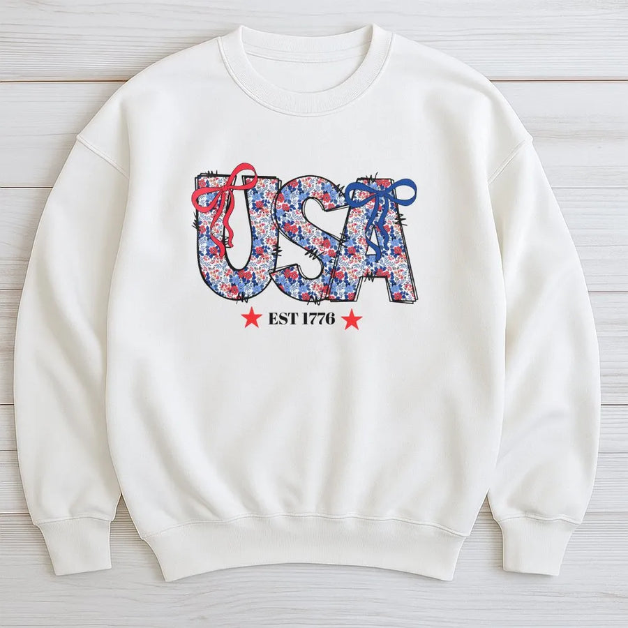 Patriotic USA Sweatshirt | Vintage Floral American Flag Graphic | Premium Cotton Blend | 4th of July Independence Day Gift for Her