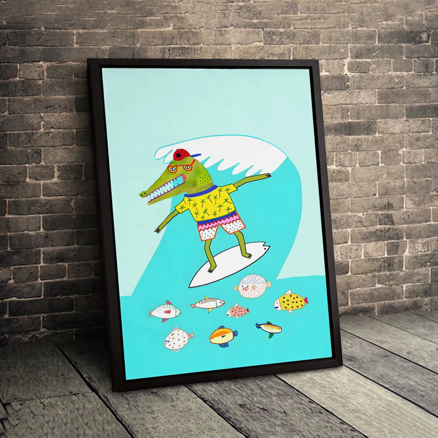 Surfing Alligator Wall Art | Fun Cartoon Animal Summer Beach Decor | Premium 1.25-Inch Thick Canvas | Coastal Gift for Kids Bedroom