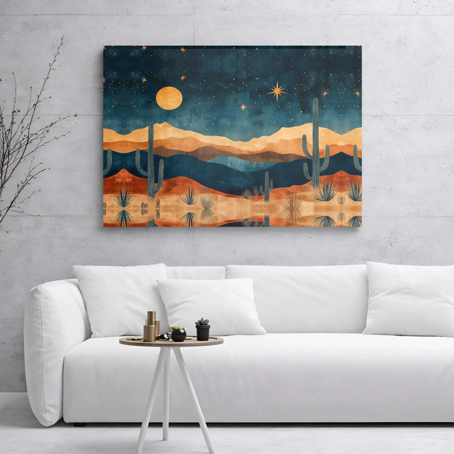 Boho Desert Landscape Canvas Art | Mid-Century Modern Saguaro Cactus Moon Print | 1.25 Inch Gallery Wrap | Large Wall Decor for Living Room