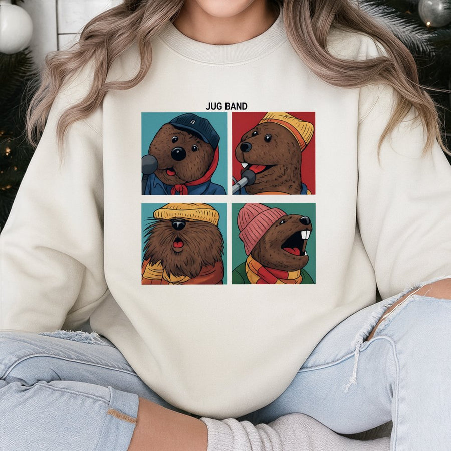 Jug Band Otter Sweatshirt | Funny Animal Music Quartet Cartoon Design | Soft Cotton-Blend Premium Apparel | Gift For Music Lovers And Musicians