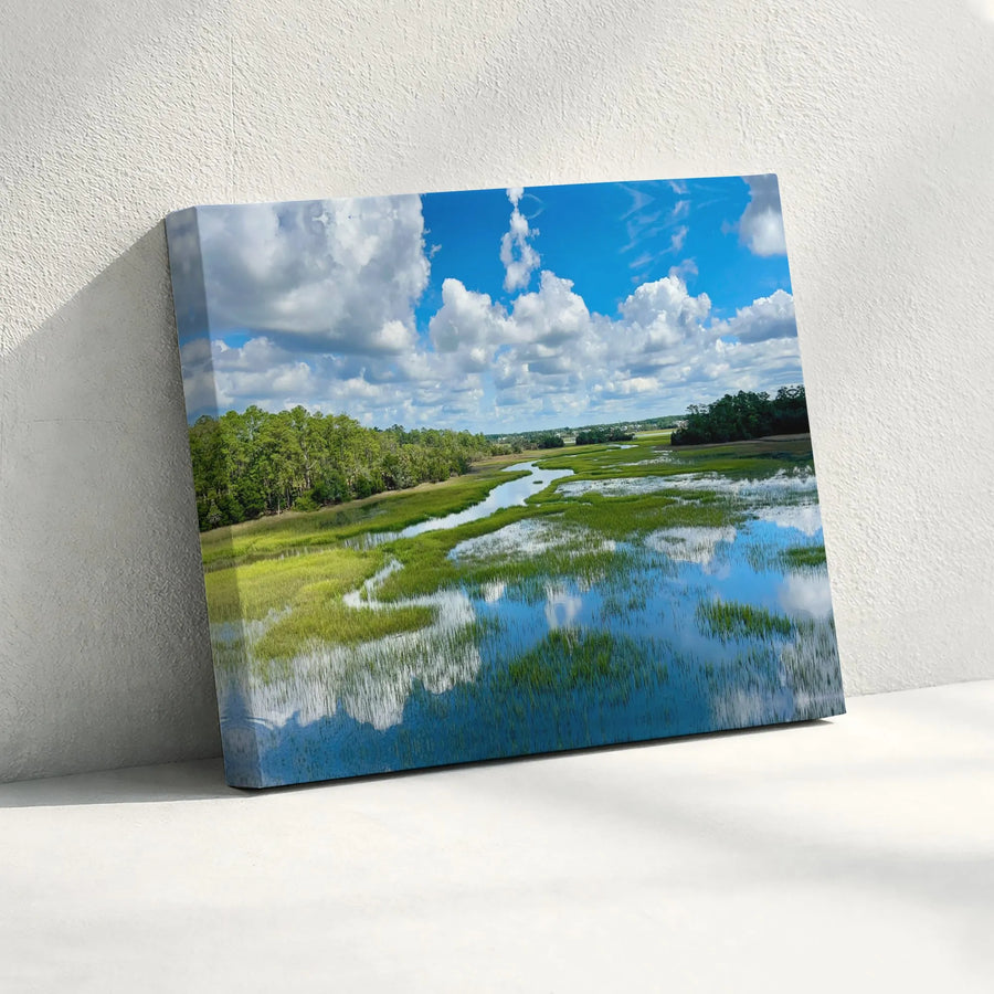 Marshland River Canvas Wall Art | Coastal Landscape Reflection Print | Premium 1.25" Gallery Wrap | Nature Home Decor for Living Room