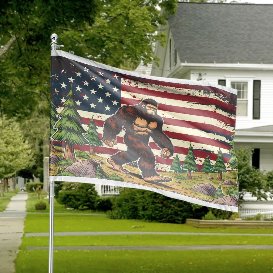Bigfoot American Flag House Flag | Vintage Patriotic Bigfoot Forest Scene | Double-Sided Polyester | Outdoor Decor Gift for Sasquatch Fans