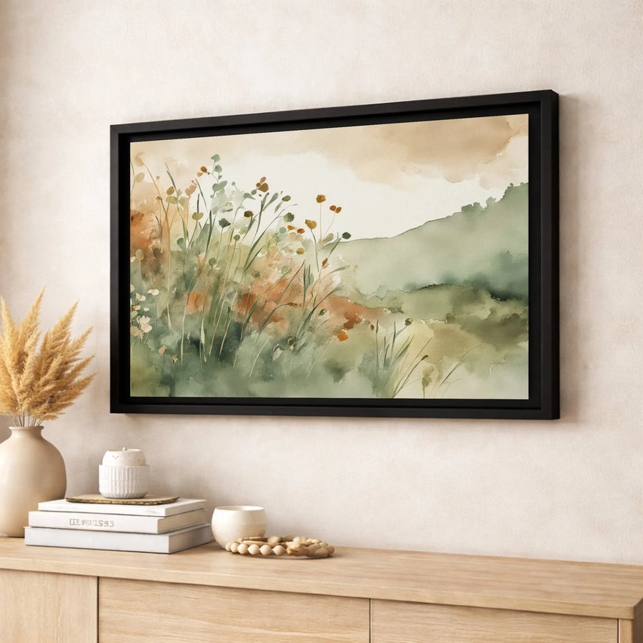 Watercolor Landscape Wall Art | Misty Hills and Wildflowers Print | Premium Gallery Wrapped Canvas | Minimalist Nature Decor for Modern Home