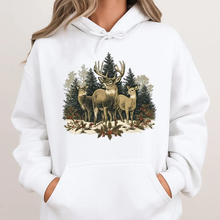 Vintage Deer Hoodie | Woodland Forest Graphic Print | Premium Cotton Blend Sweatshirt | Wildlife Nature Lover Gift for Outdoorsmen