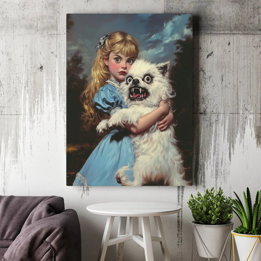 Dark Gothic Wall Art | Girl With Scary Monster Dog Portrait | Premium Gallery-Wrapped Canvas | Unique Halloween Decor Gift
