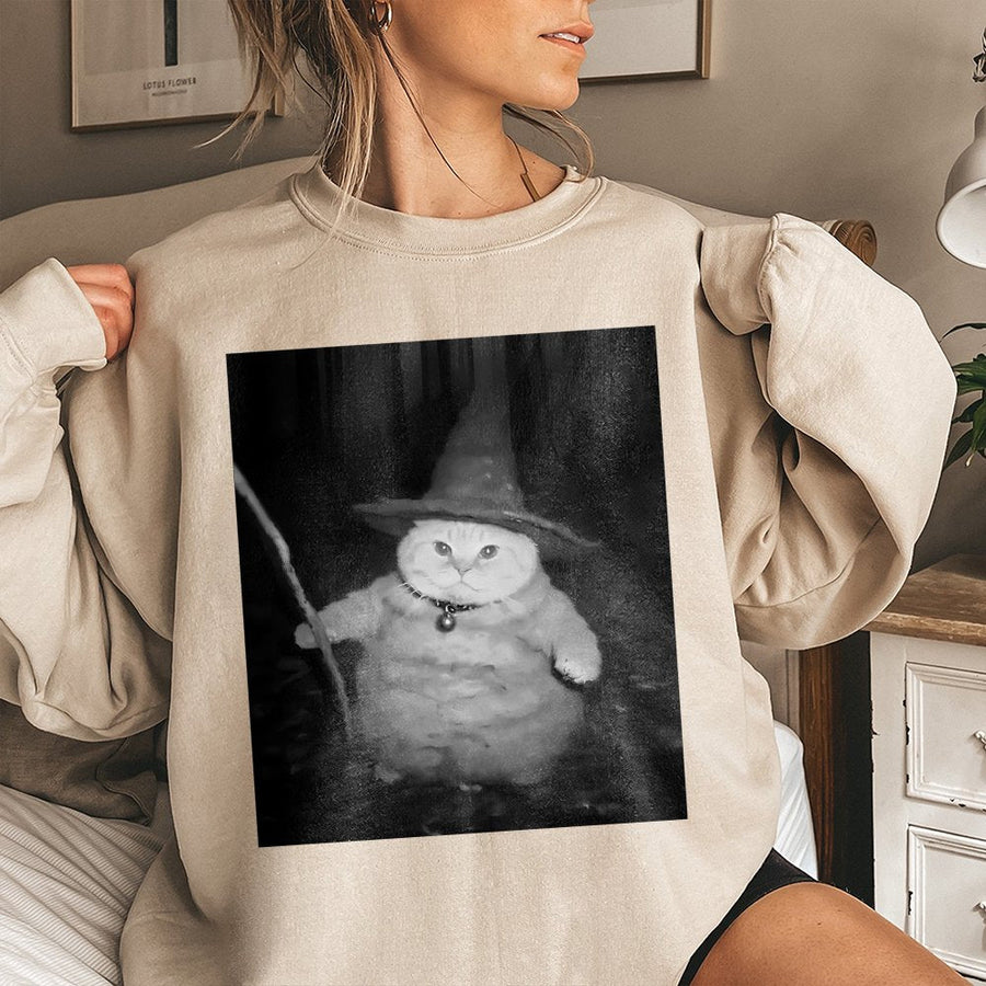 Wizard Cat Sweatshirt | Funny Chubby Magic Kitten Graphic | Premium Cotton Blend | Halloween Gift for Cat Lovers