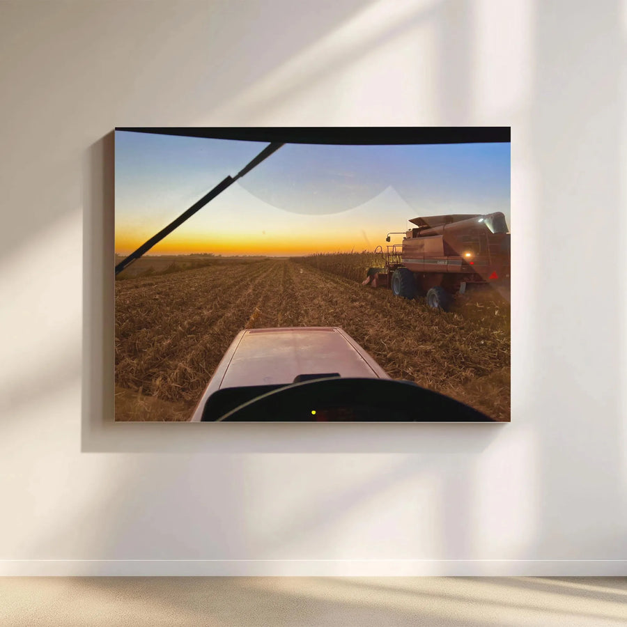 Combine Harvester Farm Field Canvas | Sunset Rural Landscape Art | Premium Fade-Resistant Gallery Wrap | Modern Agricultural Decor Gift