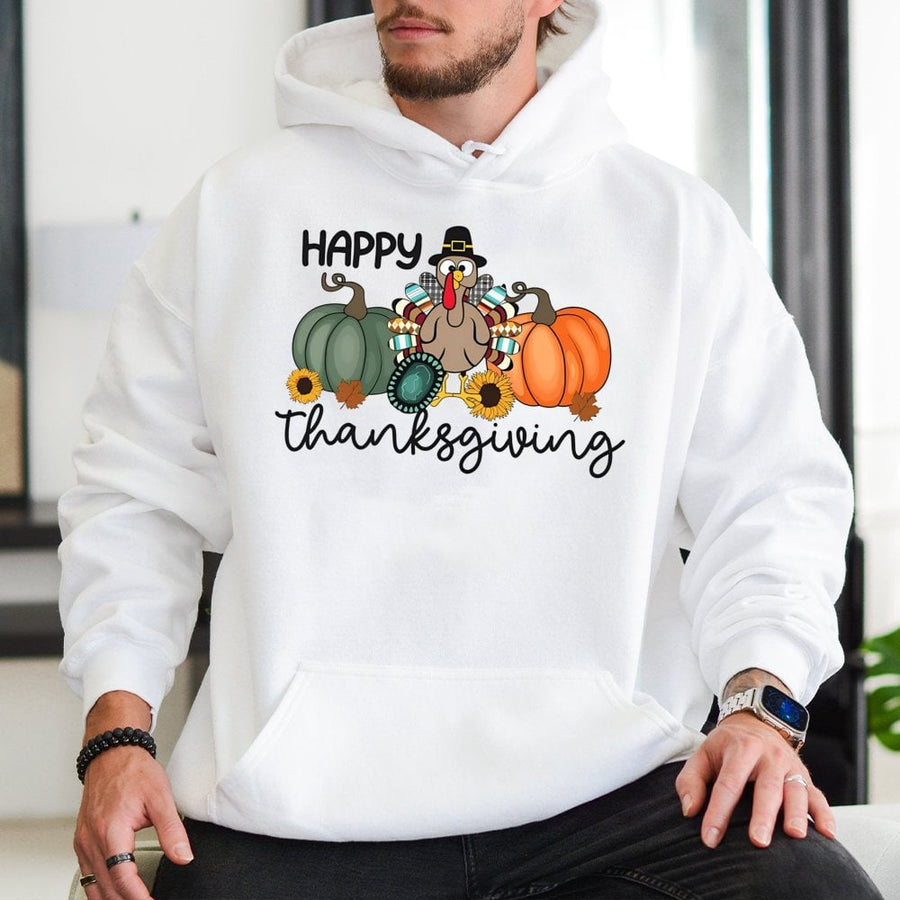 Happy Thanksgiving Hoodie | Cute Turkey and Pumpkin Graphic | Premium Cotton Blend Pullover | Festive Fall Gift for Her