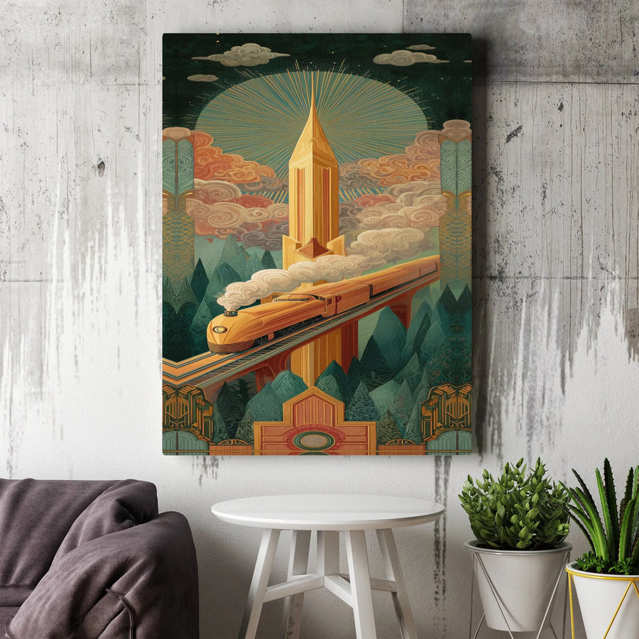 Art Deco Train Wall Art | Golden Streamline Locomotive & Skyscraper Print | Premium Gallery Wrapped Canvas | Vintage Industrial Home Decor Gift