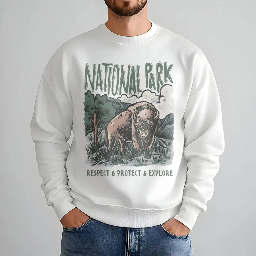 Bison National Park Sweatshirt | Vintage Graphic Nature Design | Premium Cotton Blend | Unisex Adventure Gift for Hikers and Nature Lovers