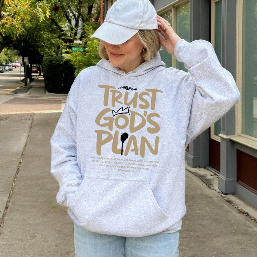 Trust God's Plan Hoodie | Christian Romans 8:28 Bible Verse Graphic | Premium Cotton Blend | Faith-Based Inspirational Gift for Men & Women
