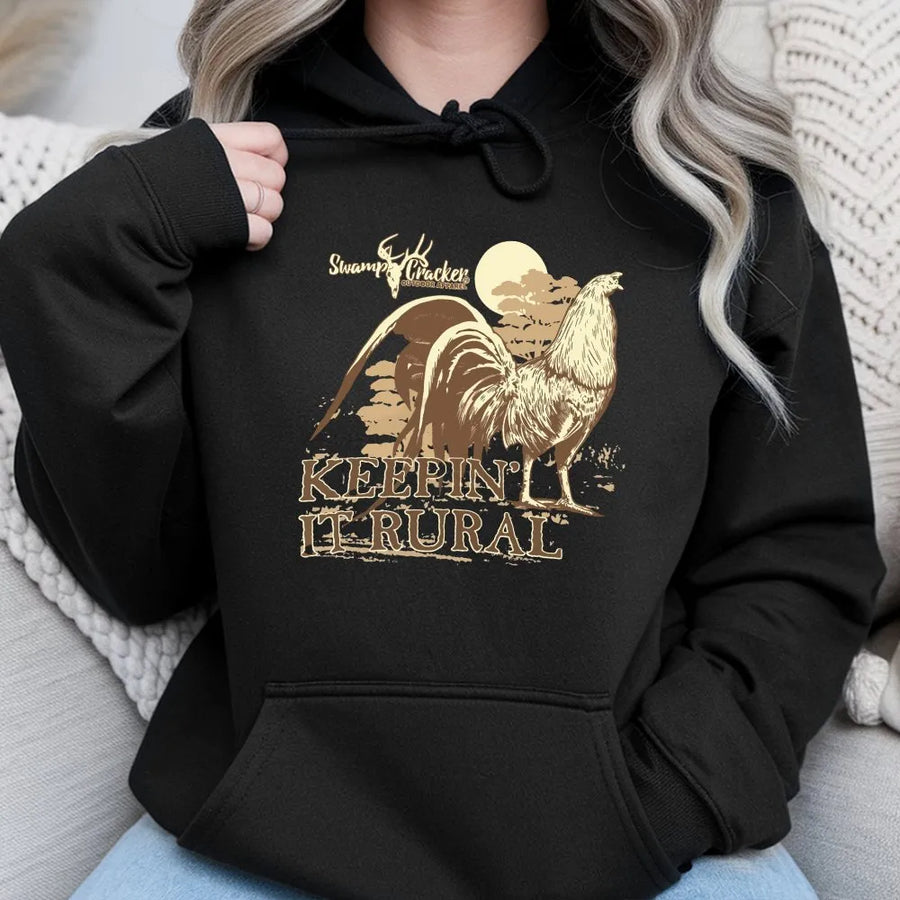 Rural Rooster Hoodie | Vintage 'Keepin' It Rural' Graphic Pullover | Soft Cotton Blend Crewneck | Country Gift for Farmer & Outdoorsman