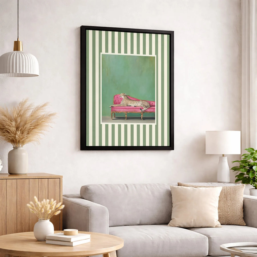 Cheetah On Pink Chaise Lounge Canvas Print | Whimsical Animal Wall Art | Premium Gallery-Wrapped Decor | Maximalist Home Gift