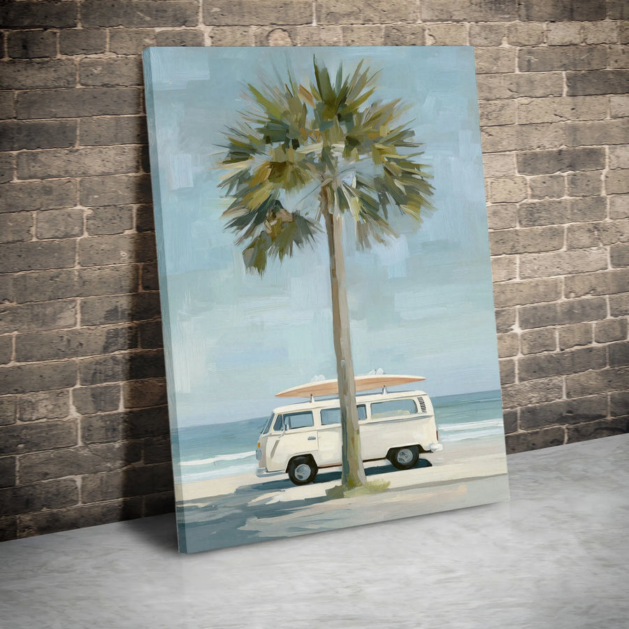 Coastal Beach Canvas Wall Art | Surf Van Palm Tree Landscape | Premium Gallery Wrapped Print | Relaxed Boho Home Decor Gift
