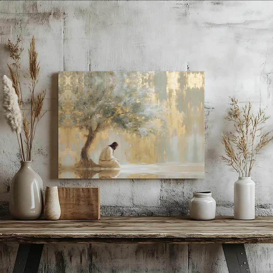 Jesus Christ Canvas Print | Religious Kneeling Under Tree Abstract | 1.25" Gallery Wrap Premium Art | Christian Home Decor Wall Gift