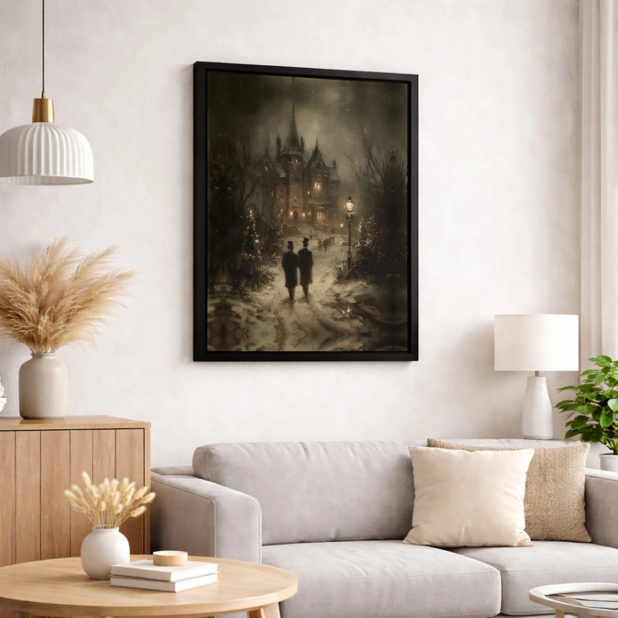 Gothic Victorian Mansion Canvas Print | Snowy Christmas Night Winter Landscape | Premium Fade-Resistant Wall Art | Elegant Home Office Decor Gift
