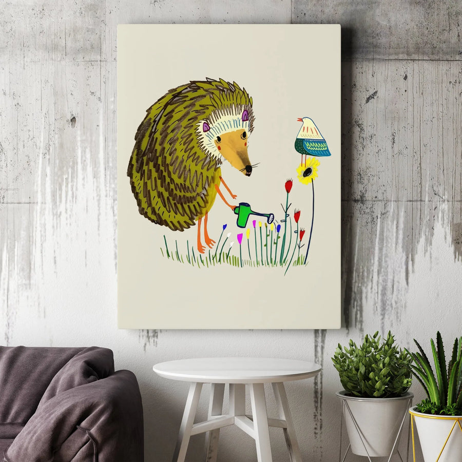 Whimsical Hedgehog Canvas Art | Cute Animal Garden Print | Premium Gallery-Wrapped Wall Decor | Nursery or Kids Room Gift